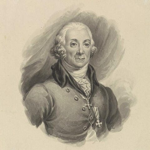 A monochrome engraved portrait of Peter Simon Pallas wearing formal historical attire with medals on his chest, rendered in soft shading