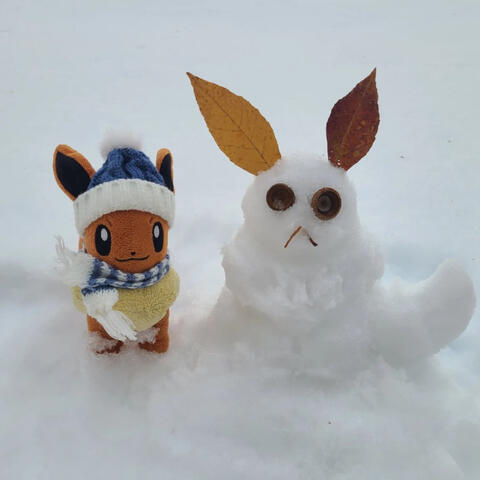 Snow Eevee A plush Eevee wearing a blue winter hat and scarf stands in the snow next to a small Eevee-shaped snow figure made from leaves, acorns, and twigs