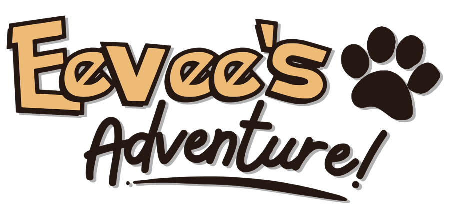 Eevee's Adventure A playful logo reading “Eevee’s Adventure!” with bold yellow-tan lettering for “Eevee’s” and dark brown cursive for “Adventure!”, accented by a dark brown paw print