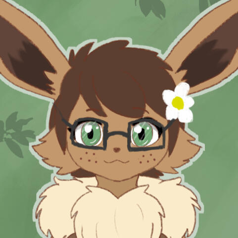 A digital illustration of an Eevee fursona with brown ears, green eyes, short brown hair, glasses, and a small white flower, shown against a green background with subtle leaf patterns