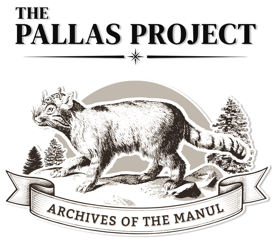 The Pallas Project A vintage‑styled logo featuring an engraved illustration of a Pallas’s cat standing on rocky ground with trees behind it, framed by the title “The Pallas Project” above and a ribbon reading “Archives of the Manul” below