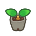 A small green sprout with two leaves growing from brown soil in a gray pot