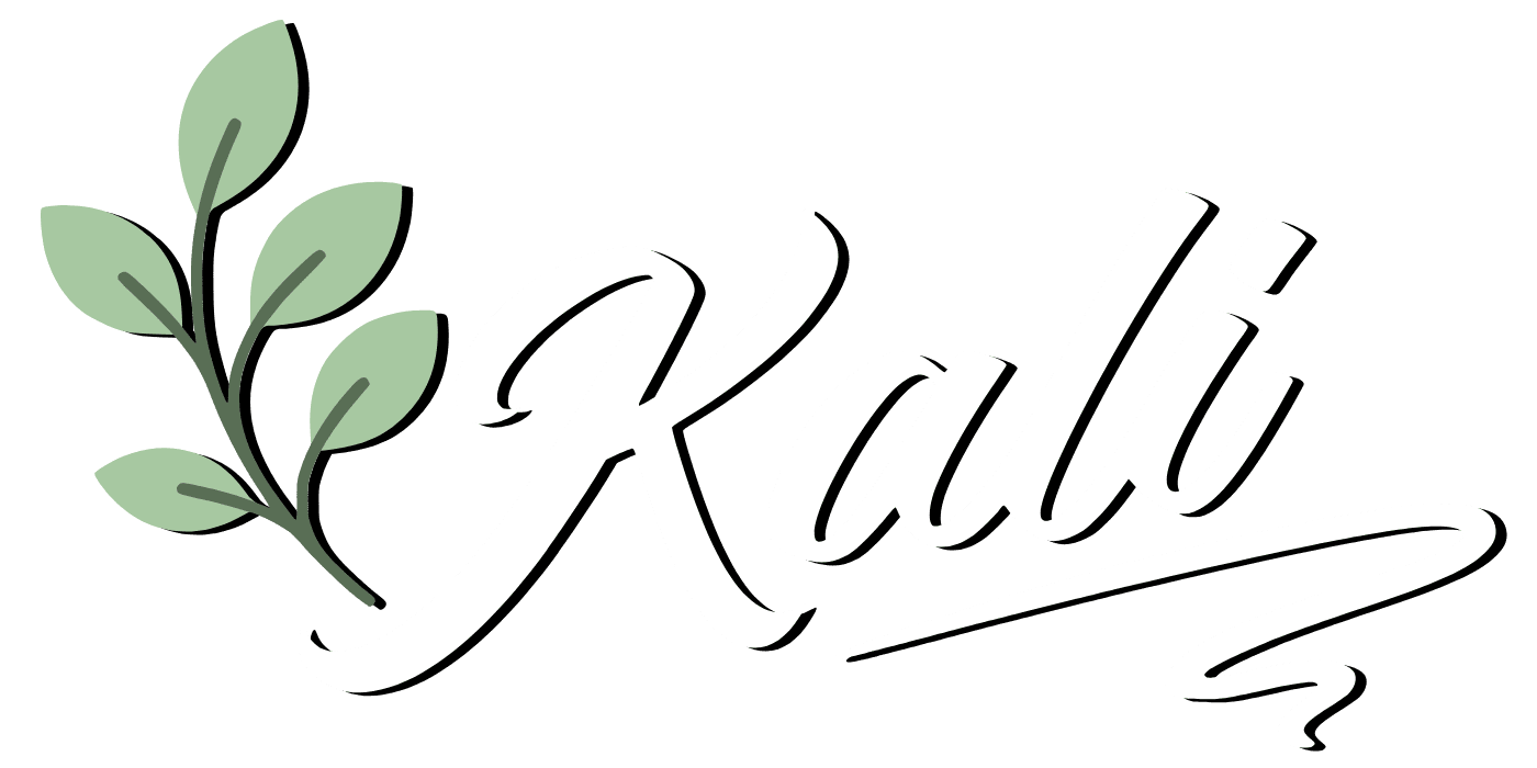 A stylized logo with the word “Kali” in flowing white script and a curved underline, paired with a simple green leaf branch graphic on the left