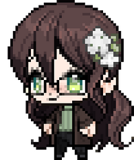 A Picrew avatar with long brown hair, green eyes, and a white flower in the hair, wearing a dark brown jacket over a green shirt