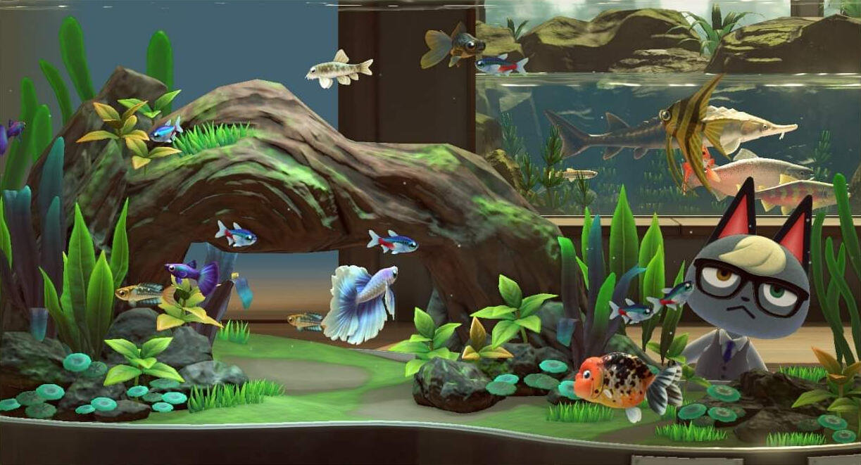 A screenshot from the game Animal Crossing New Horizons featuring the character Raymond looking at an aquarium inside the game's museum